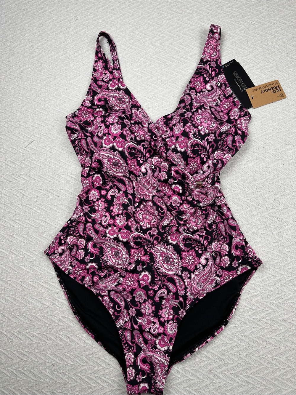 Simon Chang Black and Pink Paisley One-Piece Swimsuit - Picture 2 of 16